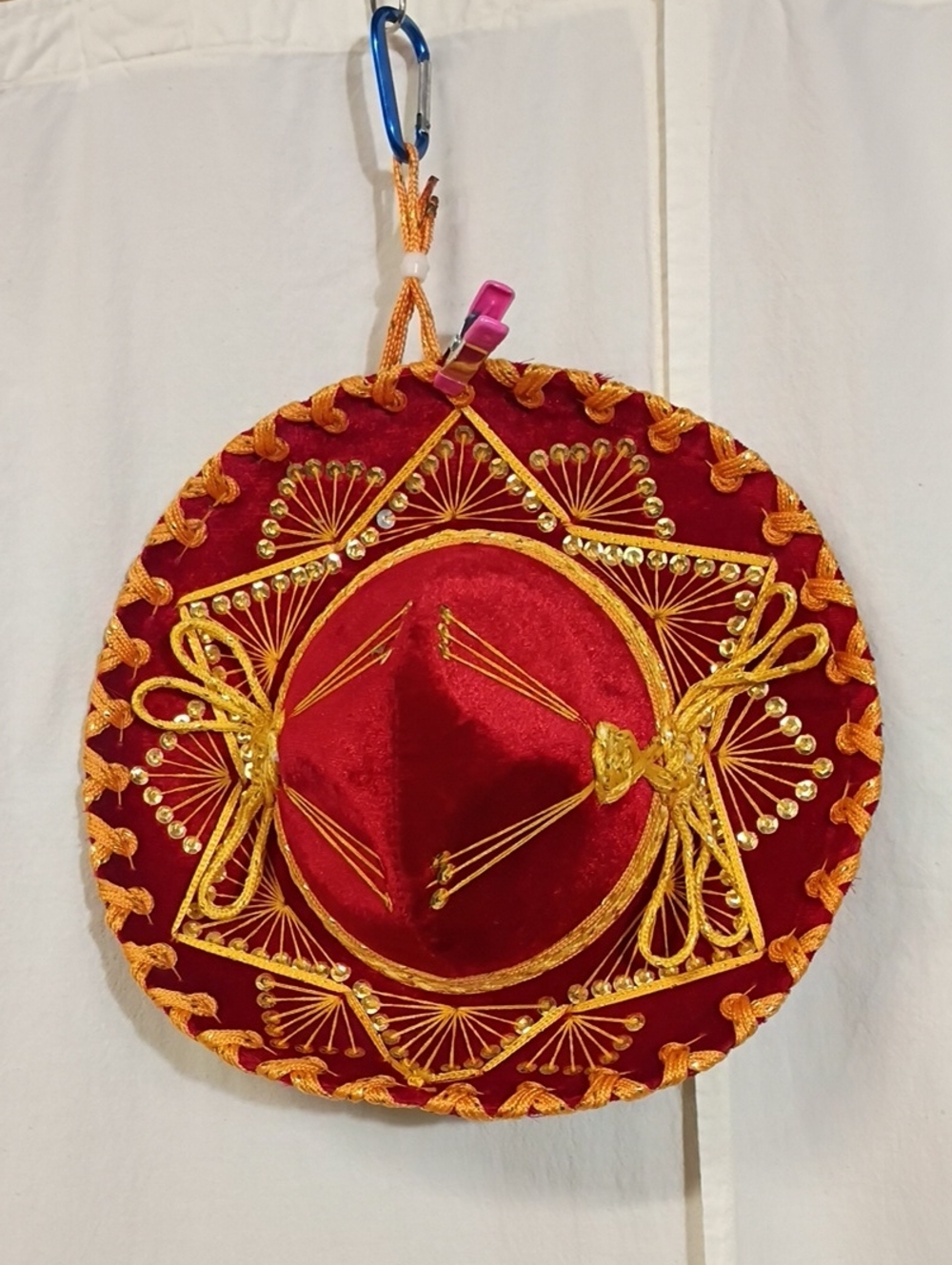 Handcrafted Red Velvet & Gold Sombrero Wall Decor Or Costume from Mexico